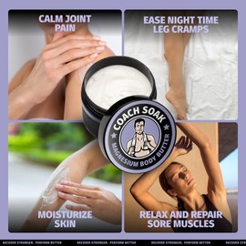 Coach Soak Nighttime Magnesium Body Butter, Thick Cream with High Magnesium Concentration, Soothes Muscles Overnight, Shea Butter, Almond Oil & Lavender, Large Size (8oz)