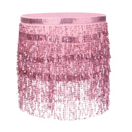 PATIKIL Women's Sequin Tassel Skirts 73x15 Inch, Rave Fringe Sparkle Skirt Belly Dance Hip Scarf for Women Festival Party Costume Performance, Light Pink