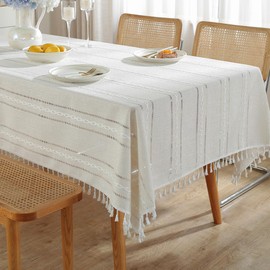 meioro Rustic Cotton Linen Tablecloth, Rectangle Wipeable Wrinkle Free Dust Resistant Table Cloth, Soft Fabric Embroidery Stripes with Tassels Table Cover for Kitchen Dining (White, 35 x 35 inch)