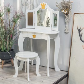 GAOMON Kids Vanity, Girls Vanity Table with Tri-Folding Mirror,Stool & Drawer, 2 in 1 Wooden Princess Makeup Desk Dressing Table, Toddler Vanity,Pretend Play Vanity Set for Kids