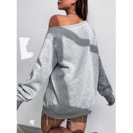 Hilinker Women's Graphic Off Shoulder Sweatshirt Oversized Pullover Cute Long Sleeve Tops Grey Two Lips Large