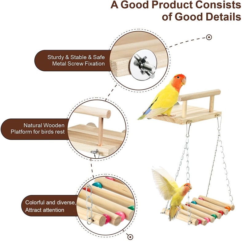 Perches for Birds, Parrot Wooden Platform, Swings with Swing Bell,