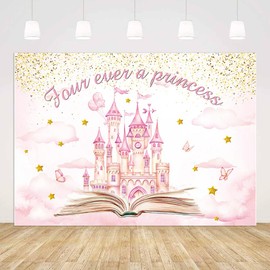 7x5ft 4th Birthday Backdrop Pink Princess Castle Photography Background for Girls 4th Birthday Party Decorations, Pink Gold Glittle Castle Four Ever a Princess Birthday Supplies Photo Booth Props