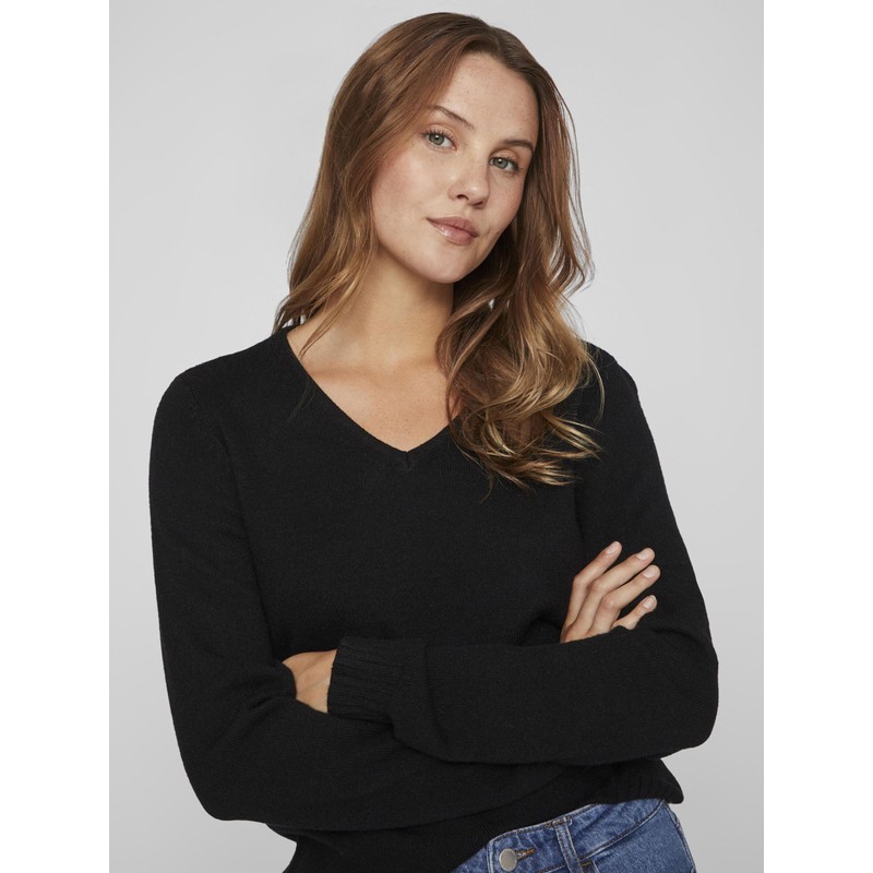 VILA CLOTHES Women's's Viril L/s V-Neck Knit Top-noos Jumper Black