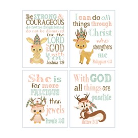 Boho Tribal Woodland Christian Nursery Decor Set of 4 Unframed Prints Owl, Deer, Rabbit, Squirrel with Bible Verses