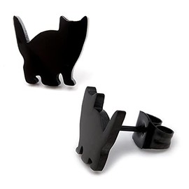 Steelmeup Stainless Steel Cute Black Shorthair Cat Silhouette Post Stud Earrings Walking Sitting Raising Tail, Metal, metal
