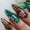 Press on Nails Medium Almond SWEKKE Fake Nails False Nails with Pink Lily Flower Leopard Print Rhinestones Designs Tropics Glossy Glue on Nail Full Cover Acrylic Nail for Women Girls 24Pcs