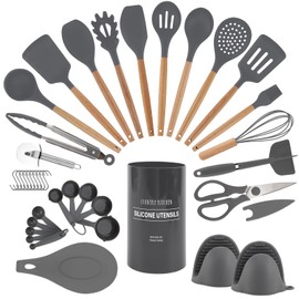 Country Kitchen Non Stick Silicone Utensil Set with Rounded Wood Handles for Cooking and Baking, 38 Piece Set, Gray