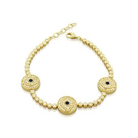 My Daily Styles 925 Sterling Silver Yellow Gold -Tone White Blue Bezel-Set CZ Evil Eye Womens Bracelet