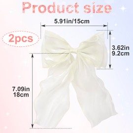 STSTR 2Pcs Large Hair Bow Clips, White Silk Yarn Ribbon Bow Hair Barrette for Women, Elegant Long Tail Bowknot French Hair Accessories for Wedding, Parties, Festivals