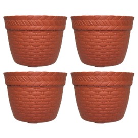 Set of 4 Black Duck Brand Plastic Brown Round 8"x 6" Basket Weave Pot/Planter (4, Brown)