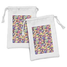 Ambesonne Scales Fabric Pouch Set of 2, Pastel Colored Orderly Half Circle Shapes Overlapping Retro Style Funky Grid Print, Small Drawstring Bag for Toiletries Masks and Favors, 9" x 6", Multicolor