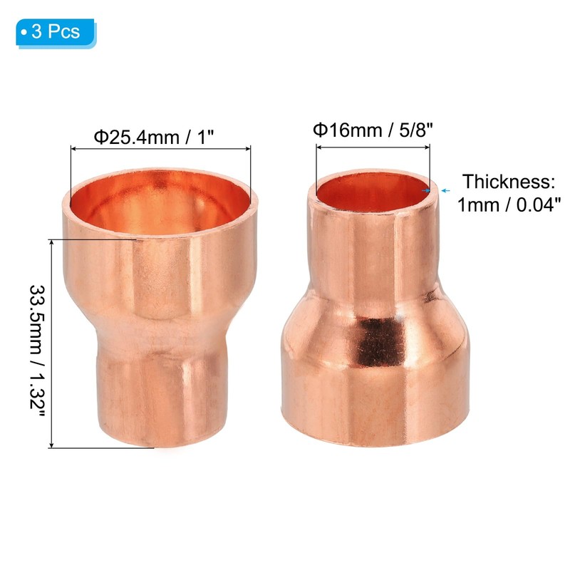PATIKIL 1" to 5/8" ID Copper Reducer, 3pcs 99.9% Pure