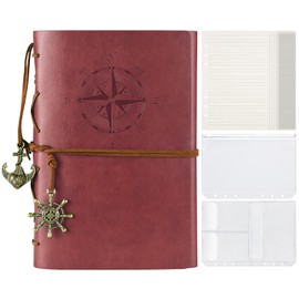 Leather Journal, Refillable Notebook Journal for Women Men, Travel Journal for Girls Boys Kids, Lined Paper with Binder Pockets for Diary, Planner, Bible, Vintage Journal Gifts, A5, Red