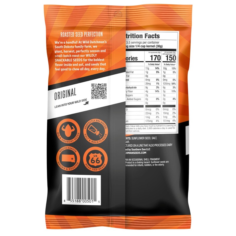 Wild Dutchman Roasted Sunflower Seeds in a Resealable Bag for