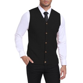 YTD Men's Cable Knit Sweater Vest Wool Blend V Neck Button Down Sleeveless Cardigan Vest XL Black