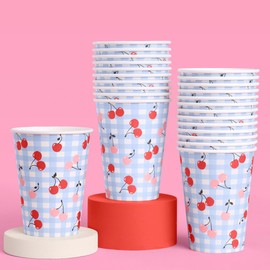 xo, Fetti Cherry Blue Gingham Paper Cups - 12 oz, 24 pcs | Bachelorette Drinkware, Dinner Party Setting, Birthday Decoration, Kids Tablescape