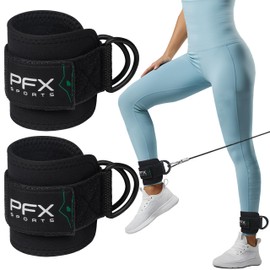 PFX Sports Ankle Strap for Cable Machines | Heavy-Duty Gym Cuffs with Double D-Rings | Premium Straps for Leg Workouts & Adjustable Neoprene Velcro | Kickbacks & Pulley Equipment (Black, Pair)