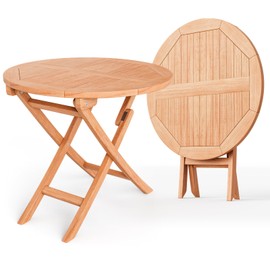 Giantex 31.5” Outdoor Folding Table, Indonesian Teak Patio Dining Table with Natural Appearance, Space-Saving Design, Outside Round Wood Dining Table for Deck, Backyard, Poolside