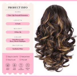 12 Inch Short Ponytail Extension - Clip in Ponytail Hair Extensions, Curly Wavy Pony Tail Hair Pieces for Women, Synthetic Claw Clip Ponytail Hair Extensions (Dark Brown with Honey Blonde Highlights)