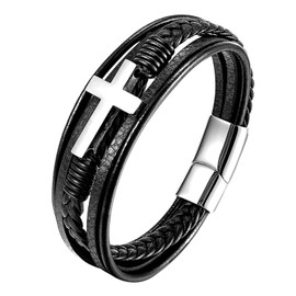 Fahonie Cross Leather Bracelet for Men Multi-Layer Braided Leather Bracelet Stainless Steel Religious Confirmation Gifts, 8 Inches