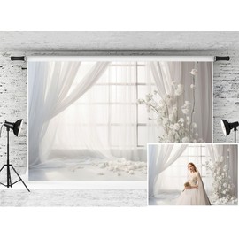 APROPHIC 2.1 x 1.5 m Photo Background, White Curtains with Floral Pattern, Photo Wall Background, Art Landscape, Suitable for Birthdays, Christenings, Photo Walls, Portrait Background, Party Banner