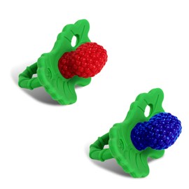 RaZbaby RaZberry Silicone Teether Pacifier – Teething Relief for Infants, Food-Grade, BPA-Free, Hands-Free, Natural Berrybumps Fruit Texture for Sensory Development, Freezable, 2-Pack - Red & Blue
