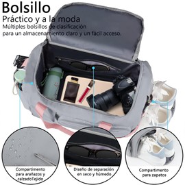 Bolsa Deportiva Impermeable para Gym con Compartimento de Zapatos y Separación Seca/Húmeda - Maleta de Viaje Plegable para Natación, Fitness y Entrenamiento - Unisex Hombre Mujer (Rosa Gris)