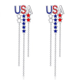 American Flag Earrings 925 Sterling Silver 4th of July Hanging Earring Star American Flag Jewelry Patriotic Independence Day Gifts Women Girls Women Mother, Sterling Silver, No Gemstone