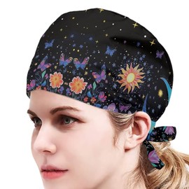 JoyLamoria Novelty Printed Cap with Sweatband Women Men Adjustable Tie Back Hats for Paiting, Moon Floral, One Size