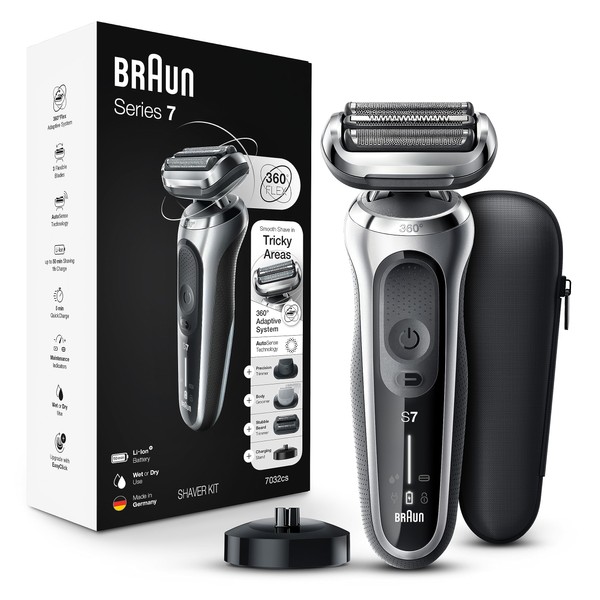 Braun Series 7 7032cs Flex Electric Razor for Men, Wet & Dry, Electric Razor, Rechargeable, Cordless Foil Shaver with Beard Trimmer and Charging Stand, Silver