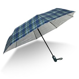 8-Rib Three-Fold Automatic Silver Umbrella, Sun and Rain Dual-Use - Plaid Pattern (Green)