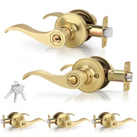 Gaurqiah Keyed-Alike 5 Pack Wholesale Wave Style Door Lever with Keys, Brushed Gold Reversible Door Handles with Lock, Interior Door Handle for Bedroom Bathroom, Satin Brass