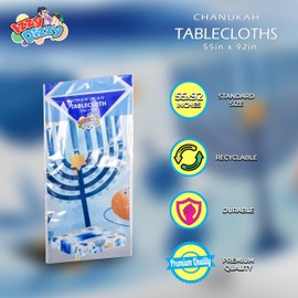 Hanukkah Tablecloth Plastic - Hanukkah Paper Goods - 55" x 92" - Blue and White Chanukah Themed Party Supplies