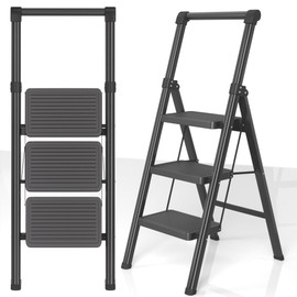 3 Step Ladder, DIAMONDFORGE Folding Step Stool with Wide Anti-Slip Pedal, Anti-Slip Feet and Handgrip, Sturdiest Steel Construction, 600lbs Capacity Steel Ladder for Home, Black