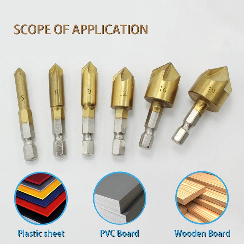 6Pcs Countersink Drill Bits,90 Degree Chamfering Drill Bit 1/4" Hex