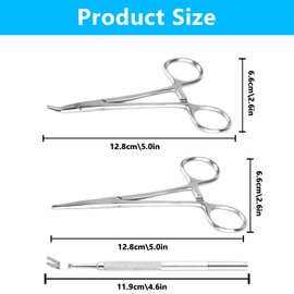 Set of 2 12.5 cm Piercing Pliers, Self-Locking Piercing Clamp, Stainless Steel Straight and Curved Hook Remover Pliers with Sawtooth Design for DIY Crafts, Pet Care + Tick Fork