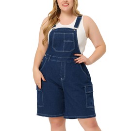 Agnes Orinda Plus Size Overall Shorts for Women Jumpsuit Adjustable Strap Bib Cargo Pocket Jean Denim Overalls 2X Dark Blue