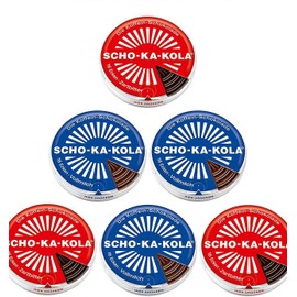 Dark Chocolate 3 tins x 100 g and Milk Chocolate 3 tins x 100 g SCHO-KA-KOLA with natural Caffeine from Cocoa, Cola-Nut-Powder and Coffee / Germany