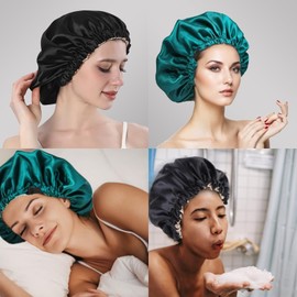 2PCS Sleep Cap for Women & Girls - Double-Sided Adjustable Bonnet, Like Silk, Double Layer Waterproof Design for Healthy Hair Protection During Sleep Black, Dark Green