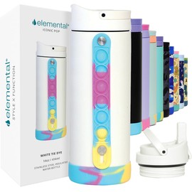 Elemental Iconic Kids Water Bottle for School - 100% Leak-Proof Insulated Water Bottles with Straw Lid & Pop-It Handle for Boys & Girls - Triple-Wall Insulated & BPA-Free, 14oz – White Tie Dye