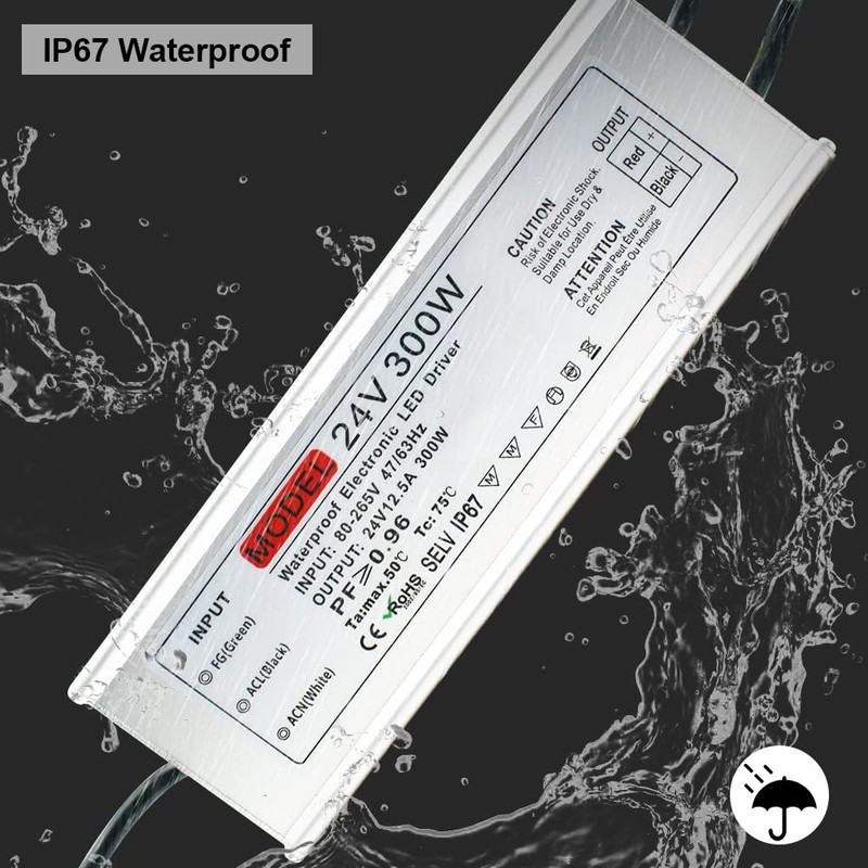 24V 300W IP67 Waterproof Outdoor Power Supply, AC 100-265V to