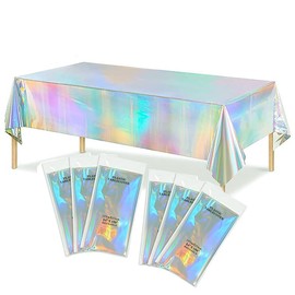 JZS Iridescent Plastic Tablecloths 137 x 234cm Disposable Holographic Table Covers for Birthday Wedding Party and Holiday Decoration 6 Pack