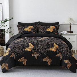 Yogeneg 7 Piece Bed in a Bag Queen Size Comforter Set Black Bedding Set,Gold Butterfly Leaves Printed on Black Reversible Design,Soft Microfiber Comforter with Sheet Set,All Season(Butterfly,Queen)