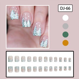Christmas Press on Nails Short Square Fake Nails Christmas Tree French Tip False Nails With Silver Glitter Designs Full Cover Stick on Nails Acrylic Winter Xmas Artificial Nails for Women 24 Pcs