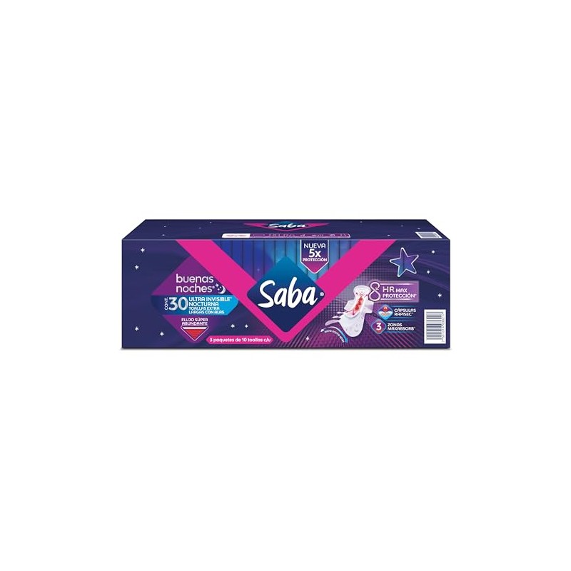 Saba Ultra Invisible Buenas Noches, toallas nocturnas con alas, flujo