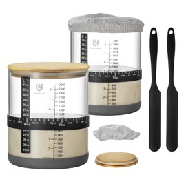Sourdough Starter Jar 2Pack ,68oz Wide-Mouth with Non-slip silicone rubber Bottom Sourdough Starter Kit,Date Marked Feeding Band, Thermometer, Cloth Cover & Bamboo Lid, Reusable Sourdough Bread Baking