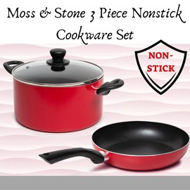 Moss & Stone 3 Peice Pots & Pans Set Nonstick Cookware Set, Aluminum Pots and Pans, Red Pots and Pans Set with Glass Lid, Dishwasher Safe, Cooking Set