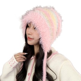 AWOCAN Women Fluffy Faux Fur Hat Winter Knitted Slouchy Beanie Cap Windproof Cover Ears Beanie Hat (AU, Alpha, Large, Pink)