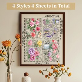 WANDIC 4 Sheets Newspaper Flower Rub On Transfer Sticker, Colorful Flower Stickers Waterproof Furniture Stickers Decals for DIY Scrapbooking Photo Albums Furniture, 9.45 * 11.8in